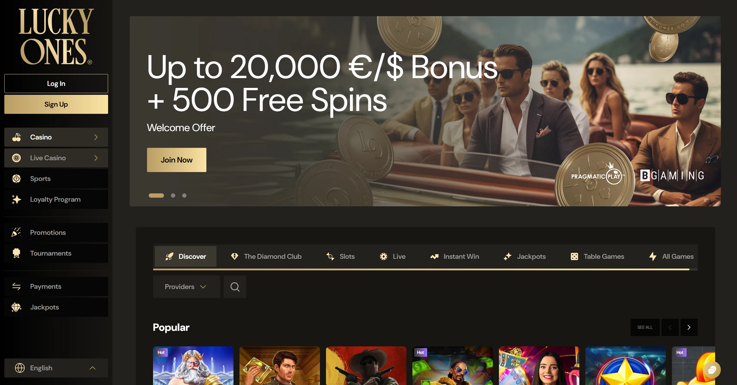 LuckyOnes frontpage with great bonus and popular online pokies